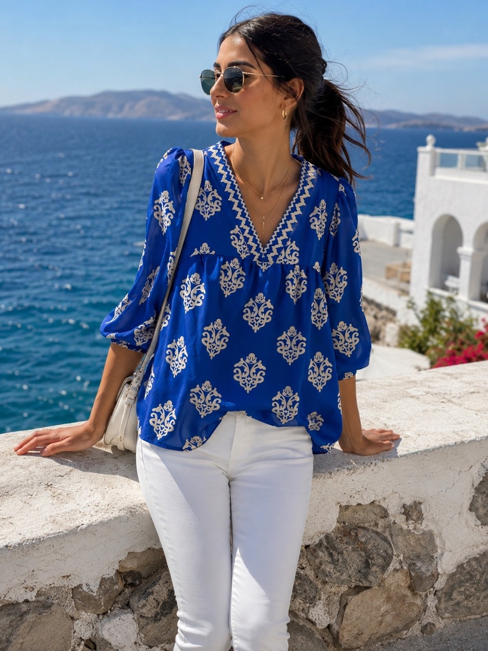 Women's Blue and Cream Patterned Tunic